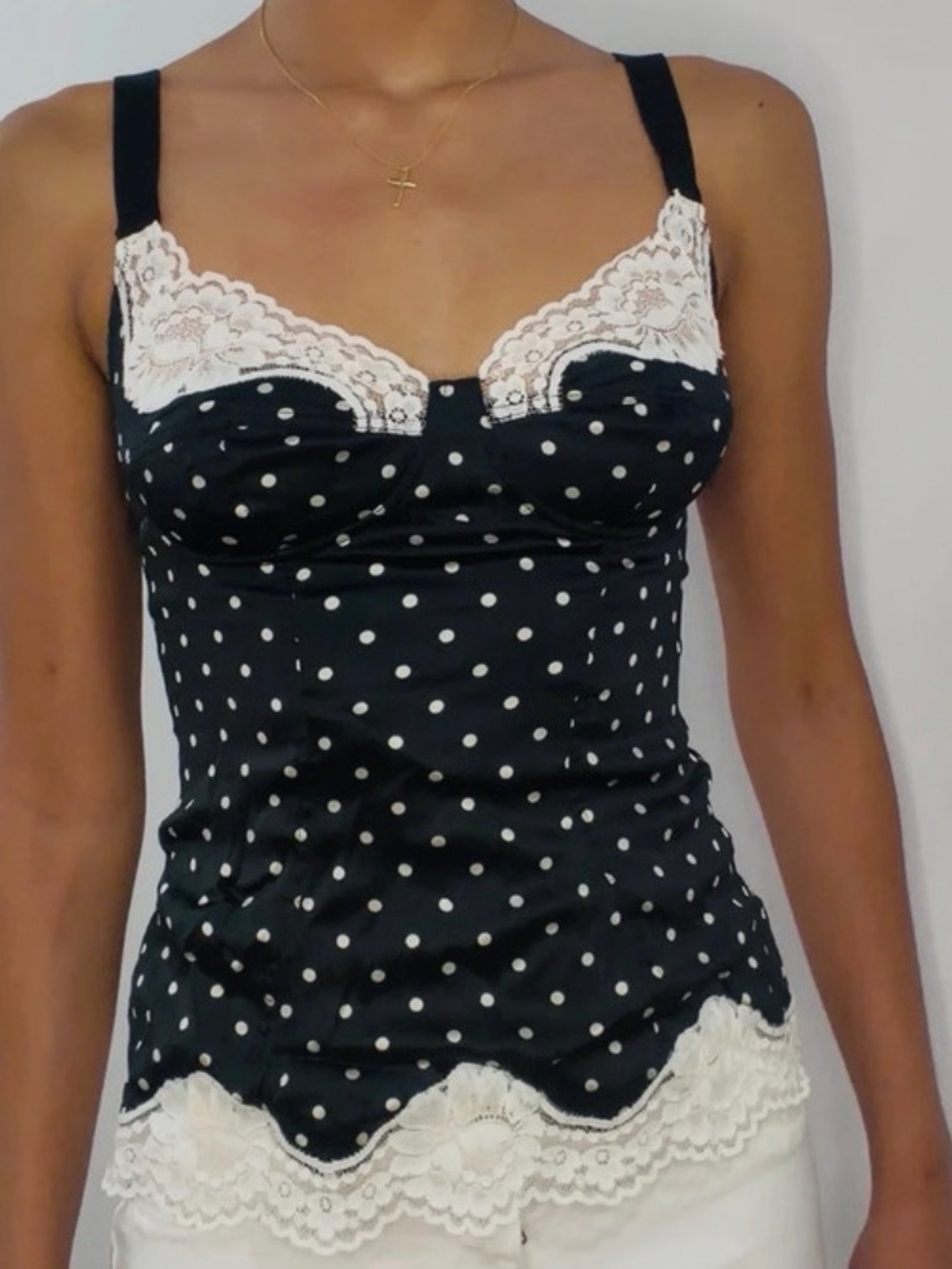 Dolce&Gabbana Deadstock sold out Black Polka Dot Lace Trim Cami corset Top
